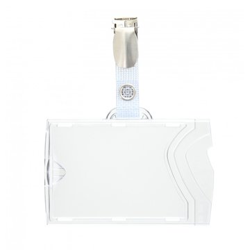 Porte-Badge rigide 1 face translucide/1 face dépolie -présentation horizontale pour  1 carte Format CB + clip métal bretelle monté  – lot de 100 photo 1